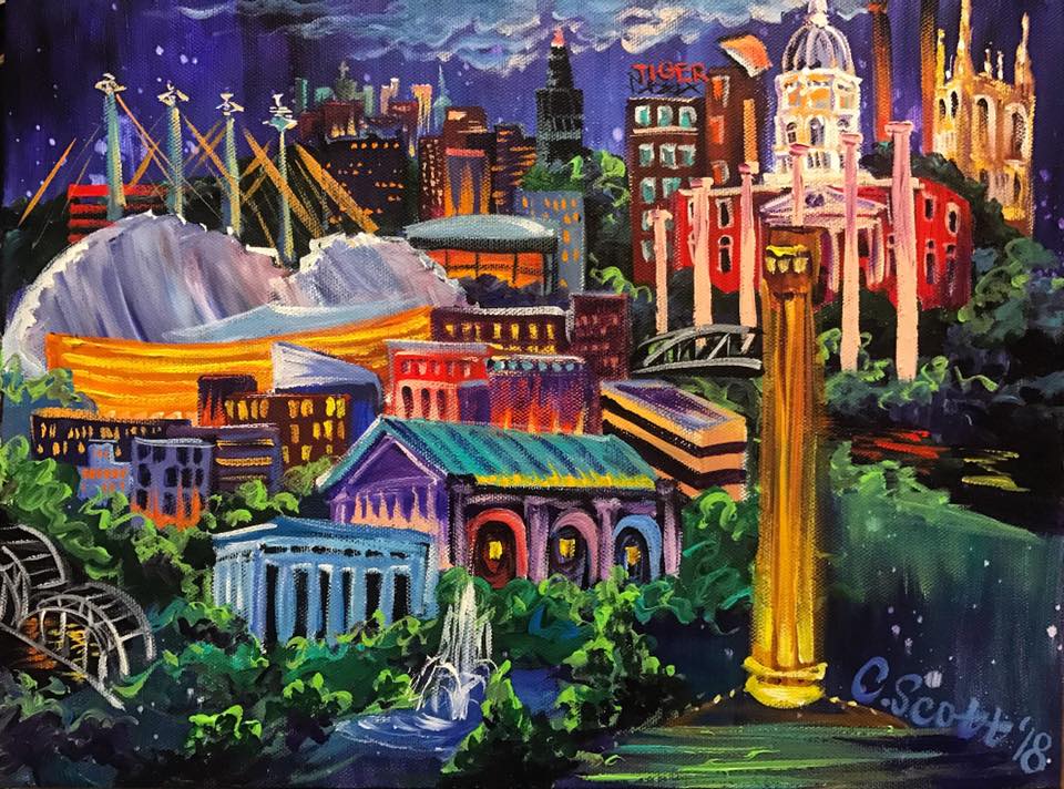 Collaged images meaningful to the recipient, Kansas City skyline and Columbia MO landmarks; 12x16 canvas