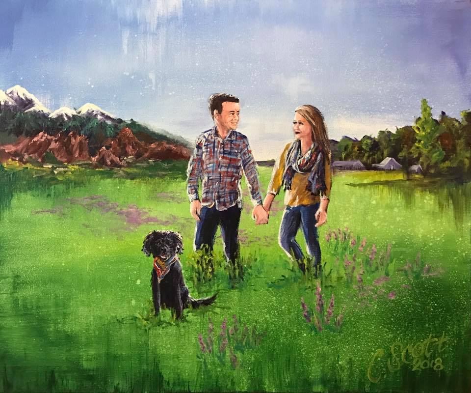 Painted from a few sources… a photo from their engagement session, a visual of the Rockies as well as the rural town representing where they were from; 20x24 canvas