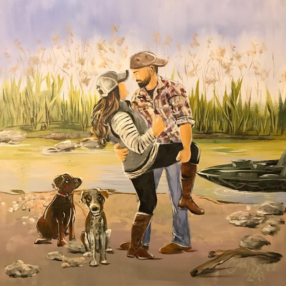 Painted from a few photos to include a pose from their engagement photo session, his boat, their dogs all set in a favorite outdoor setting; 20x20 canvas