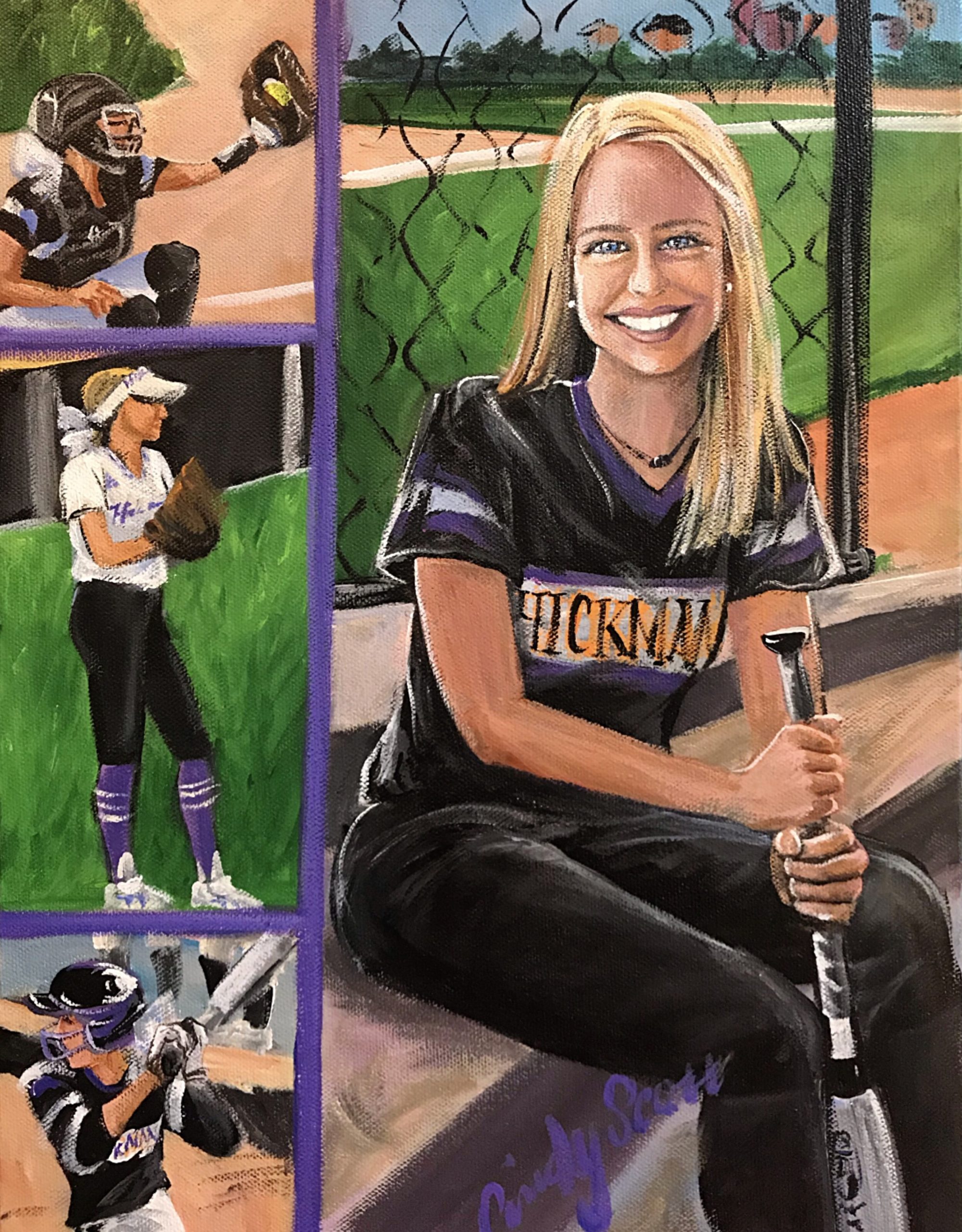 Painted from several photos to highlight the softball season for her senior year, canvas size 12x16