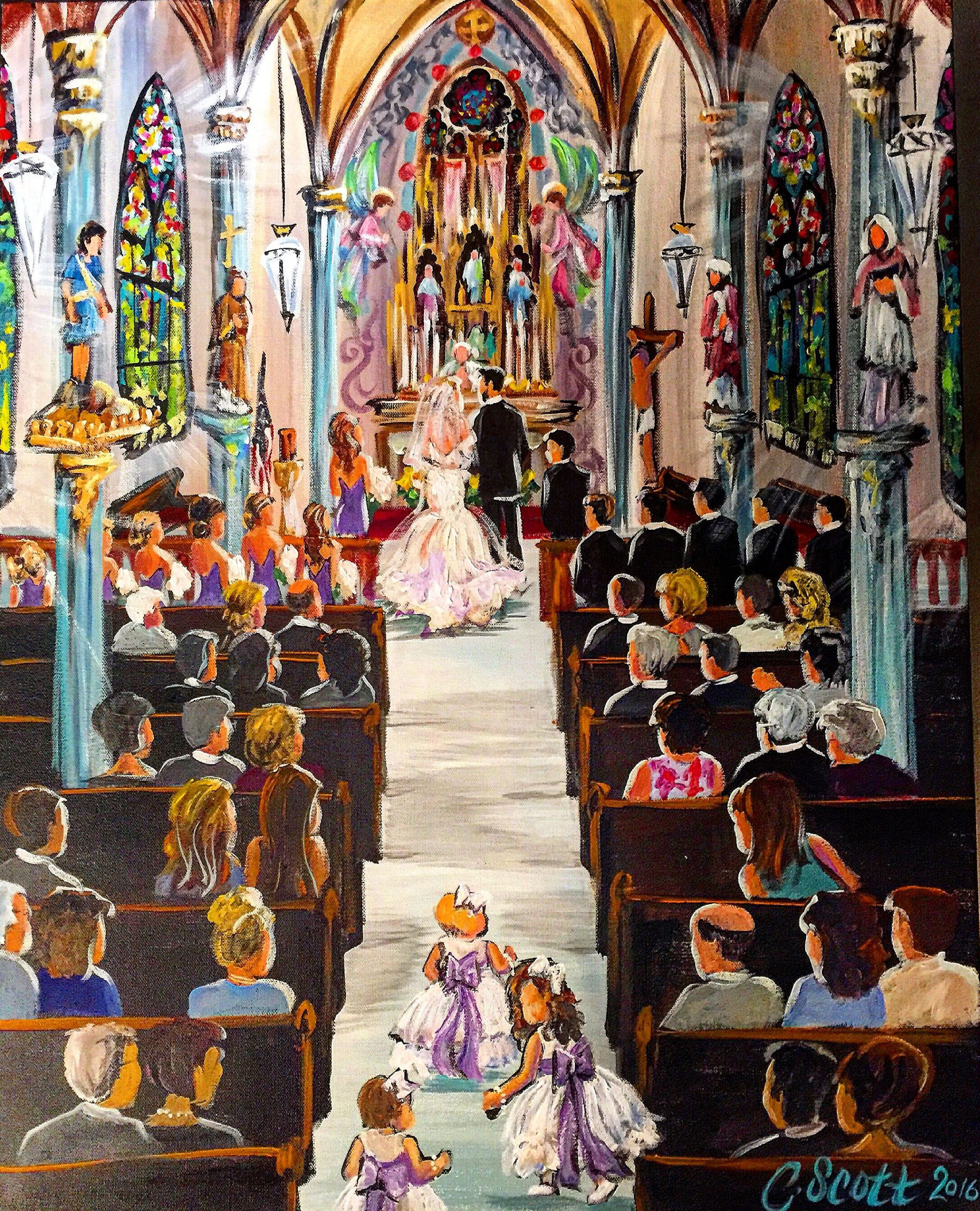 Wedding ceremony, painted from photos and presented as a gift from him to her for their first married Christmas, 24x36 canvas