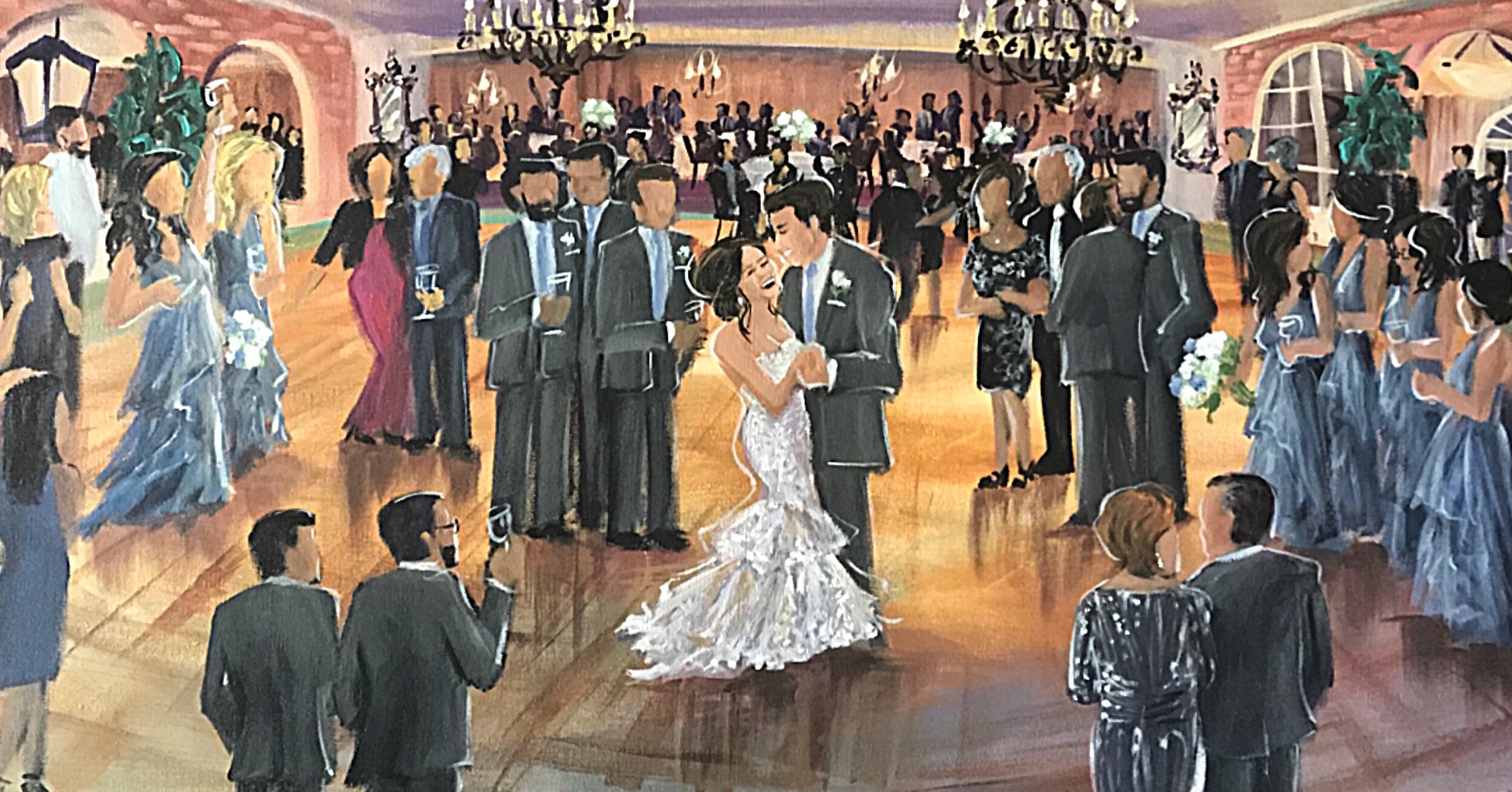 Painted from several photos to best capture the venue, the wedding party and close family, canvas size 24x48