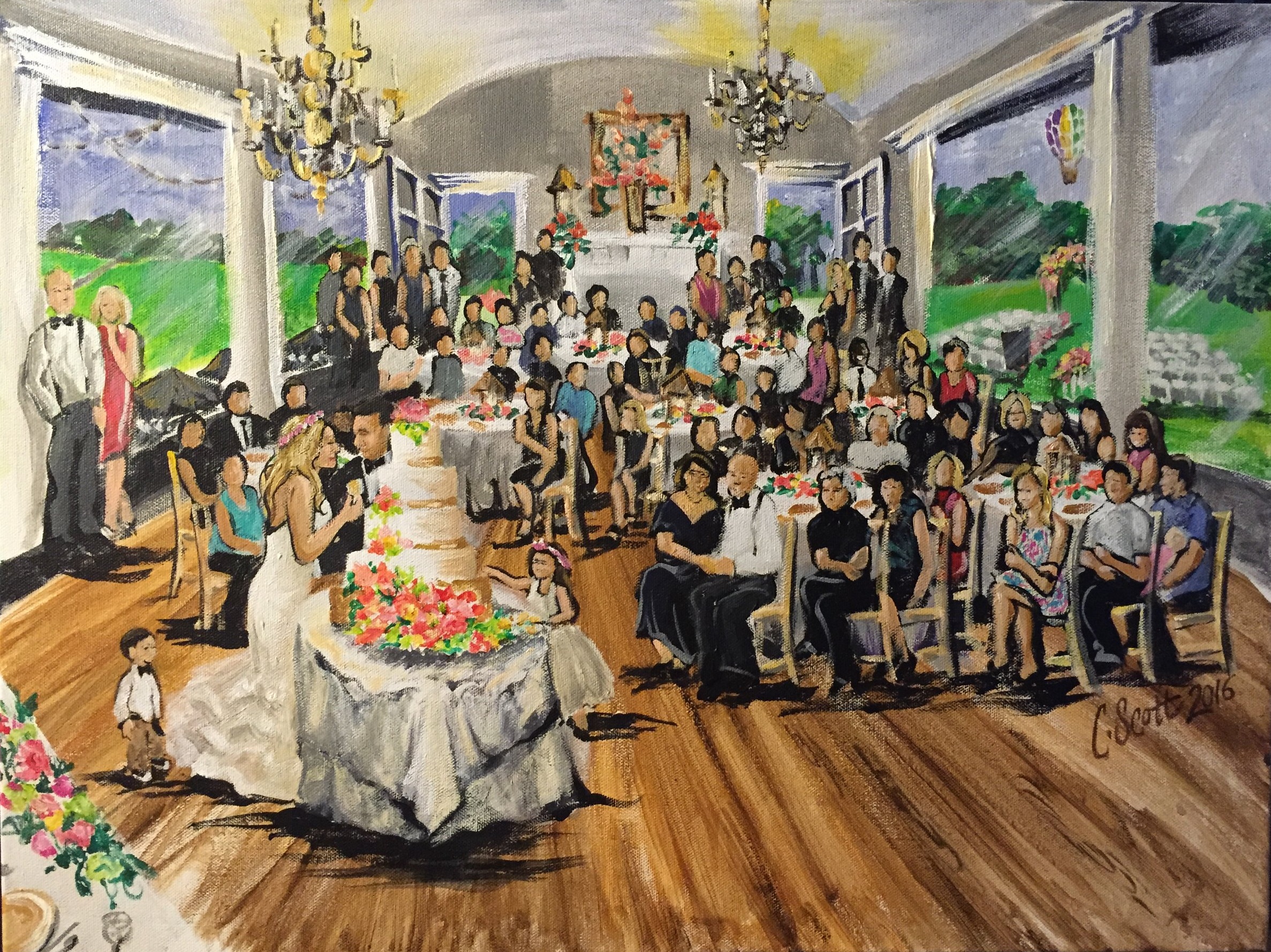 Live wedding painting, cutting the cake, 24x30 canvas done onsite at The Columbia Country Club, Columbia MO