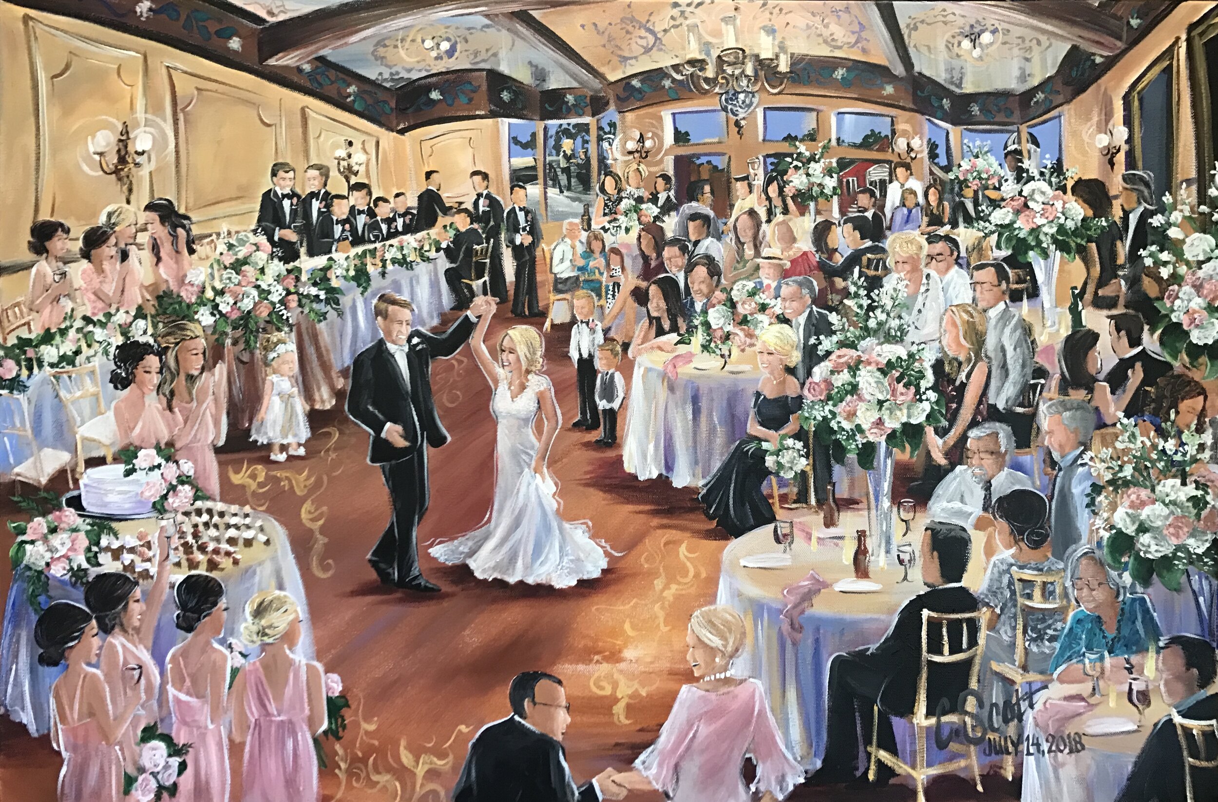 Painted BOTH onsite and in the studio after the event.  There are approximately 50 recognizable people in this 24x36 canvas, the work onsite totaled approx 7 hours, and photos were provided for additional detail.